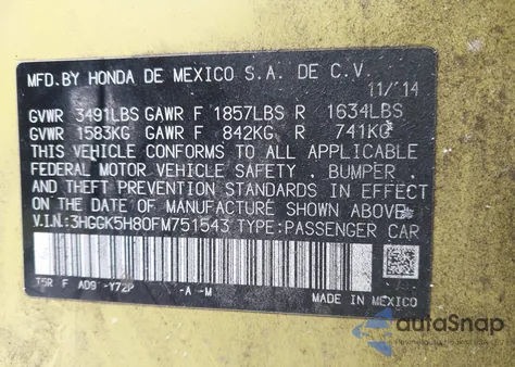2015 Honda Fit Ex/Ex-L from USA, damaged, VIN 3HGGK5H80FM751543